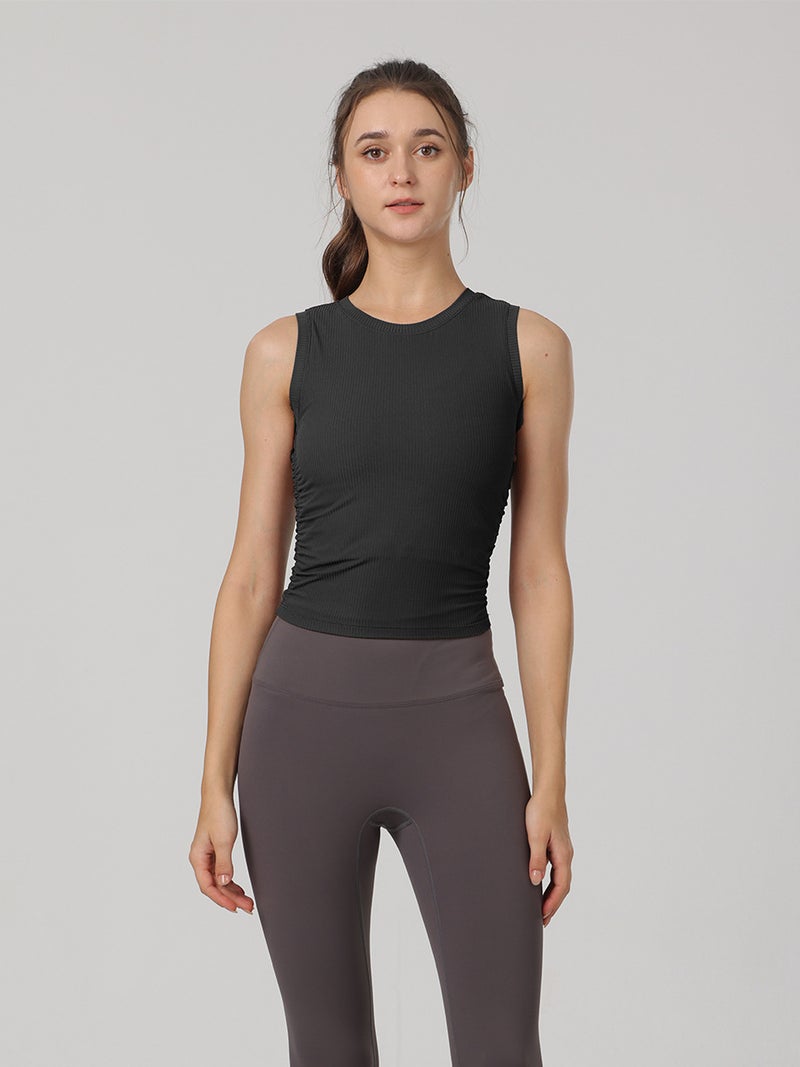 Ribbed Double-Sided Ruched Slim-Fit Sleeveless Sports Quick-Dry Yoga Tank Top With Backless Design - Image 5